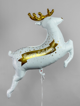 Шар Новогодний олень Happy Holidays, белый, золотые рога, 45"/114см,